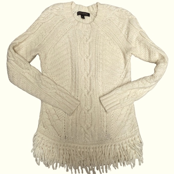 Banana Republic Sweaters - Banana Republic Womens Size XS Ivory Cable Knit Sweater Fringe Hem Italian Yarn